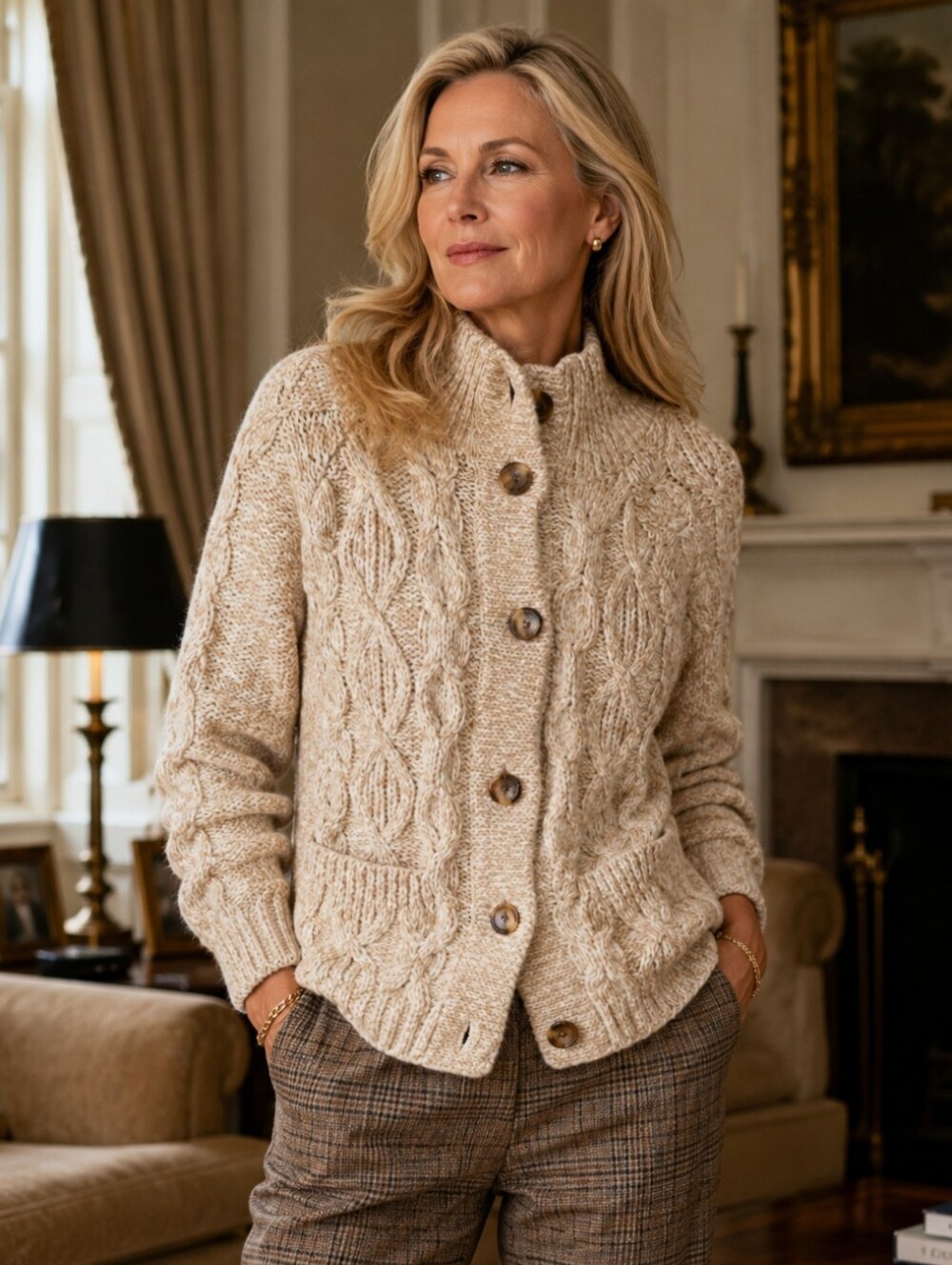 Talbots Tan Neutral Cable Knit Chunky Fisherman Preppy Classic Cardigan Sz M - Picture 9 of 9